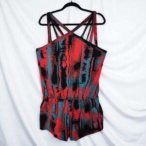 Fabletics Romper Woman Large Red Blue Black Abstract Print‎ Sleeveless Pockets